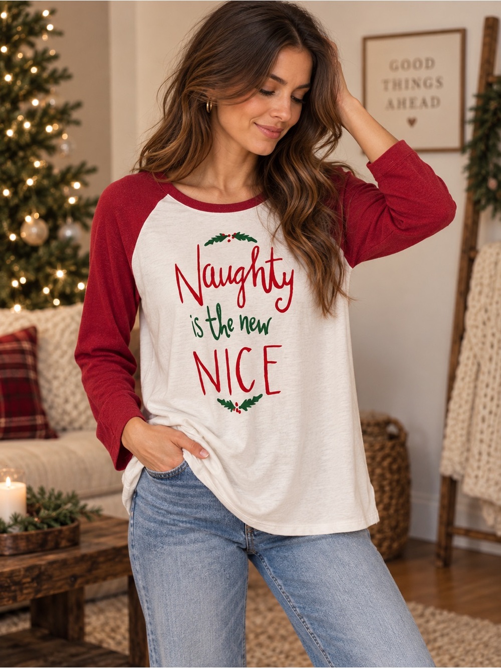 State of Mine Naughty Is the New Nice Christmas Raglan Top M Holiday
